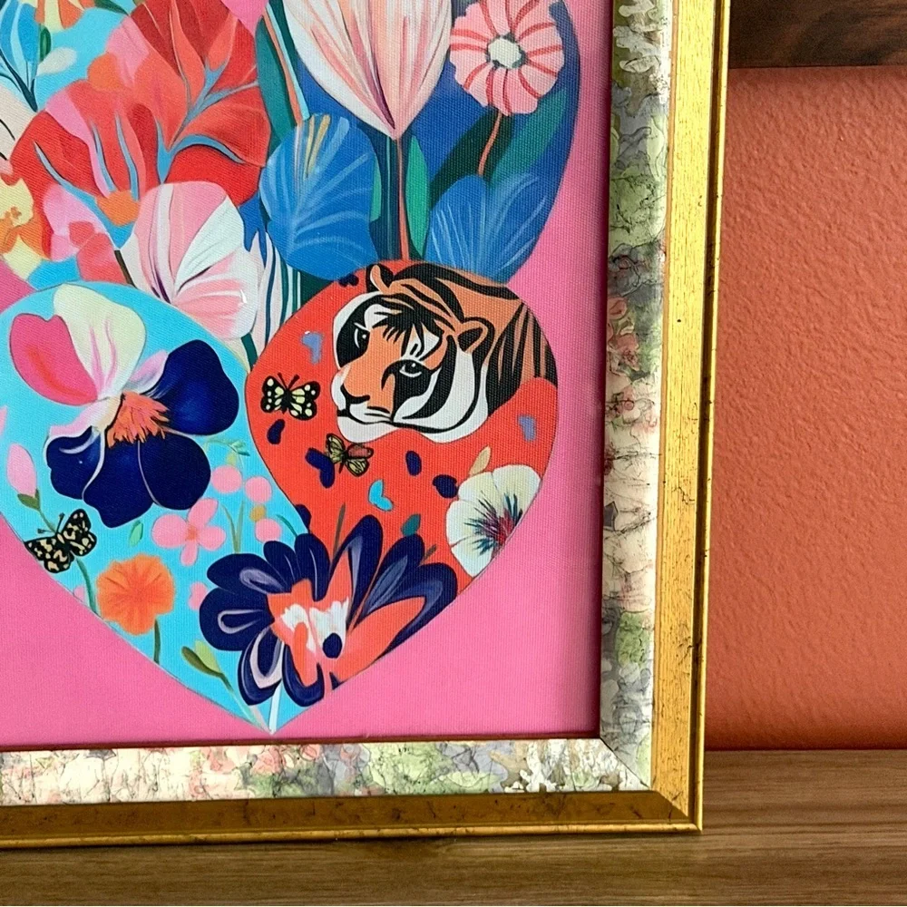 Heart Floral Tiger Moody Canvas Art Print Floral & Gold Framed Wall Art Eclectic